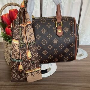 Monogram Brown Crossbody/Handbag with Crossbody Strap & Twilly. 9.44”X 6.69”